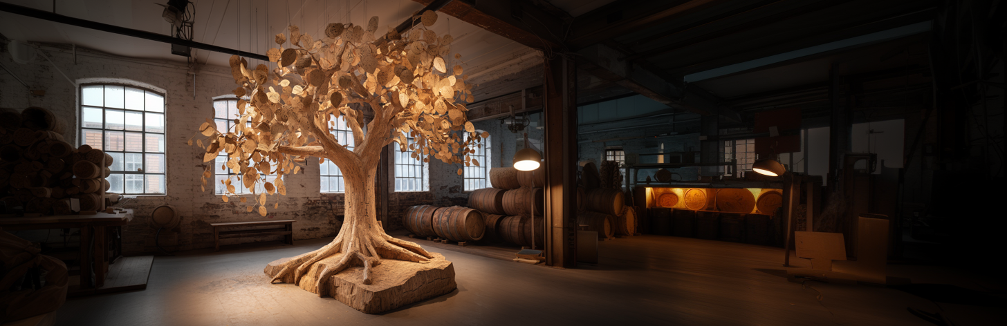 Sculpture de l'Arbre des Liens dans l'atelier Bouchons Trescases